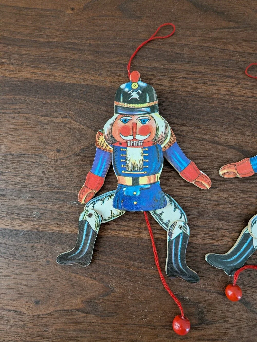 2 Vintage Christmas Nutcracker Pull String Jumping Jack Wooden Puppet Ornaments